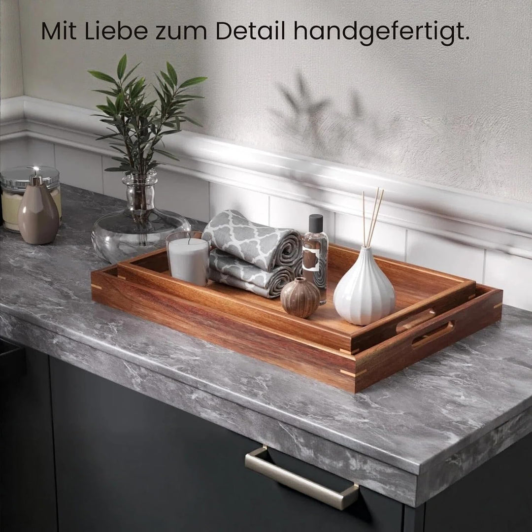 Fibogollo Serviertablett Akazienholz 2er M+L Griffe Frühstück Bett