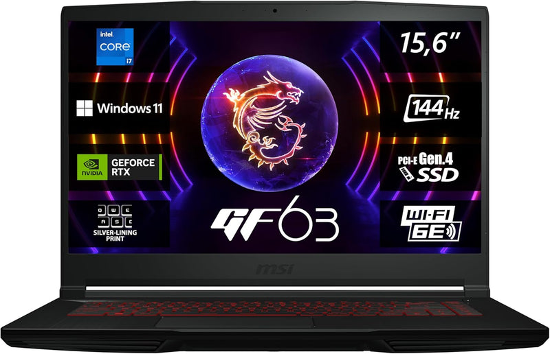 MSI Thin GF63 Gaming Notebook | 39,6 cm (15,6 Zoll) Full-HD 144 Hz | Intel Core i5-12450H | 16GB RAM