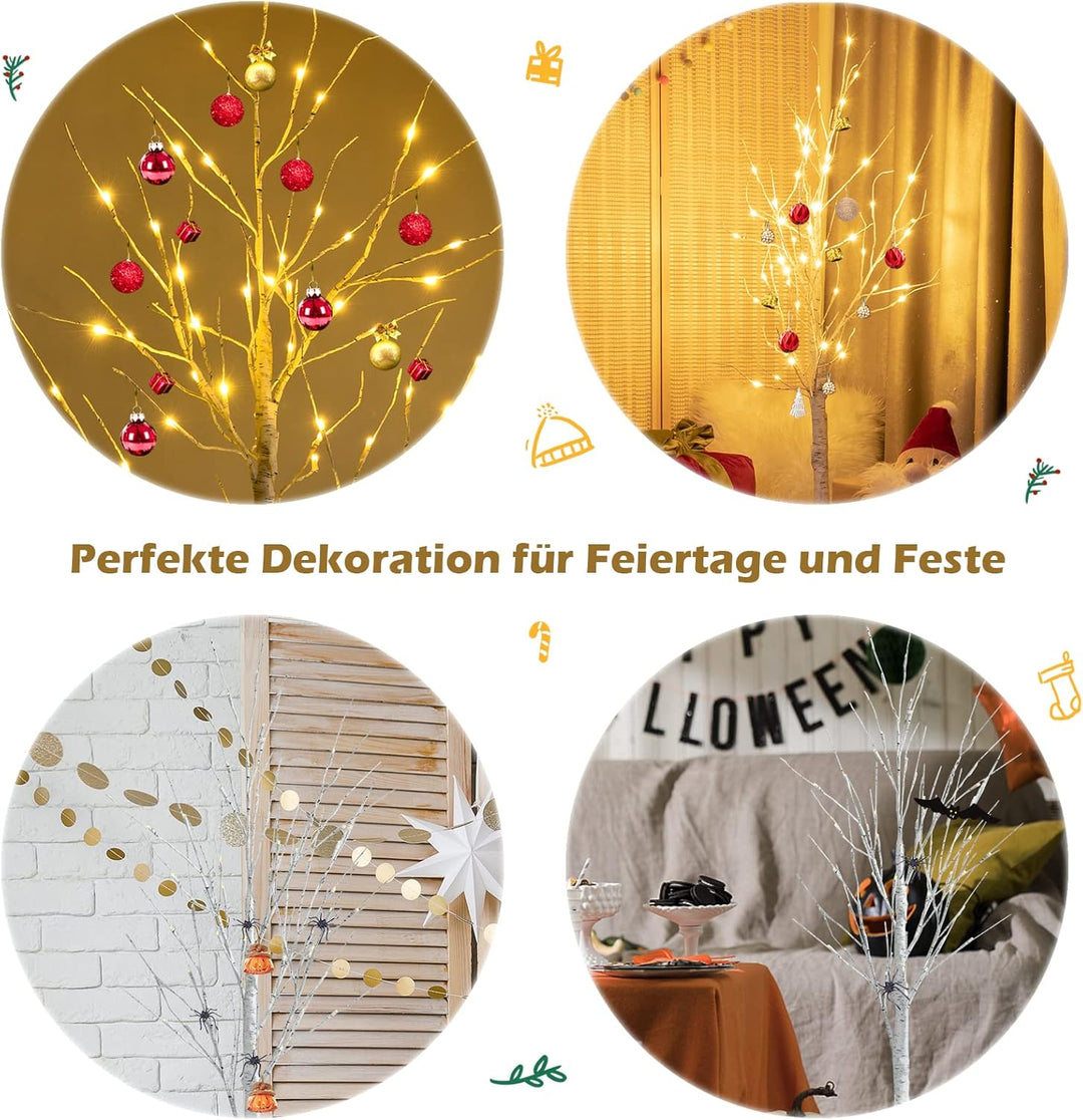 COSTWAY 120cm LED Lichterbaum, Birkenbaum mit warmweissen LED-Leuchten, künstlicher Weihnachtsbaum,