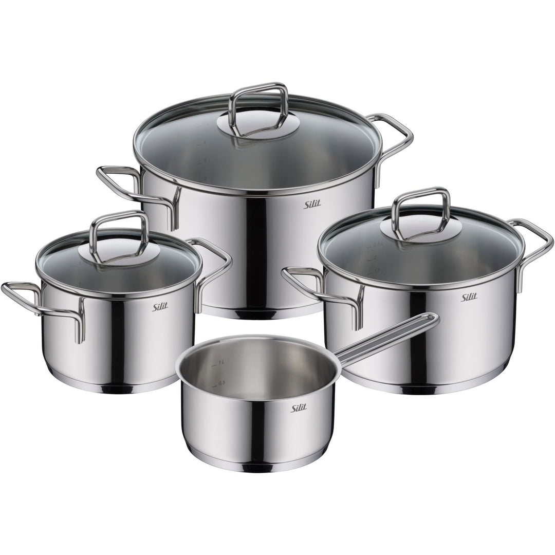 Silit Extra Cook Kochgeschirr-Set 4-teilig, Kochtöpfe 16/20/24 cm mit Glasdeckel, Stielkasserolle 16