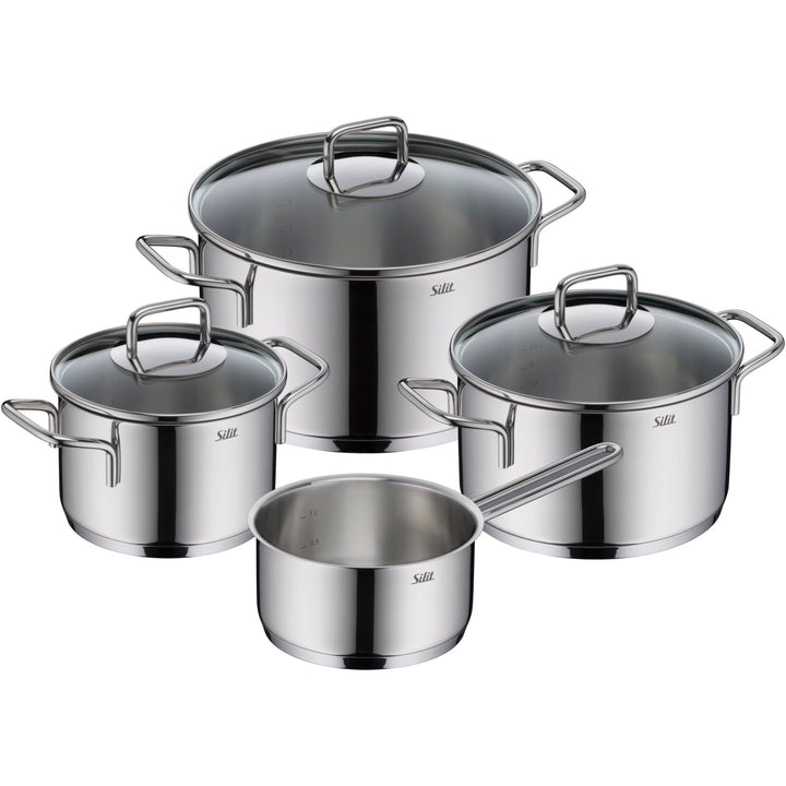 Silit Extra Cook Kochgeschirr-Set 4-teilig, Kochtöpfe 16/20/24 cm mit Glasdeckel, Stielkasserolle 16