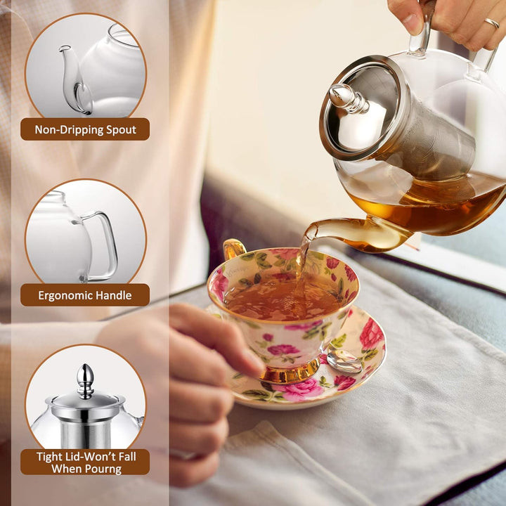Hiware Glas-Teekanne mit herausnehmbarem Teesieb, 1000 ml, für den Herd geeignet, Teebereiter und Te