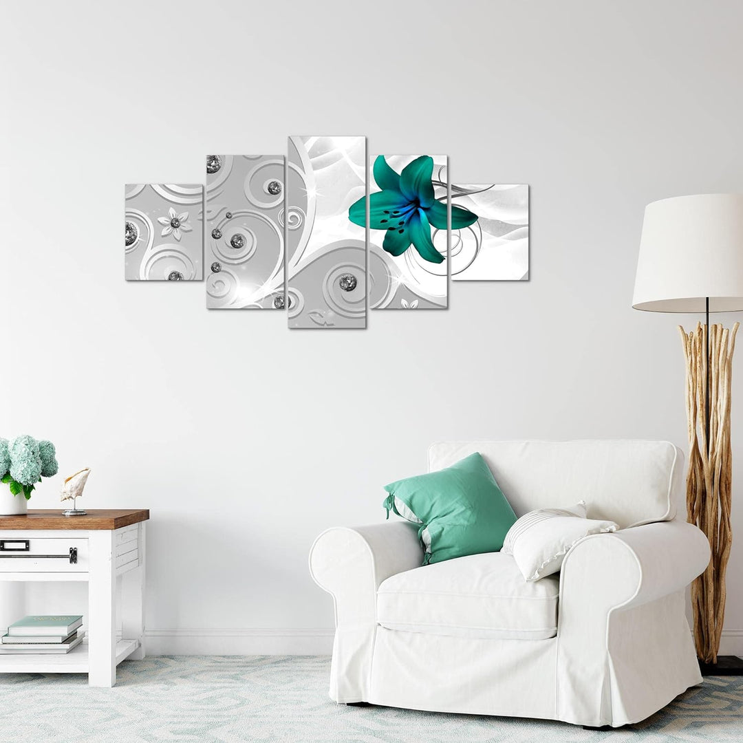 Runa Art Wandbilder Blumen Lilie 5 Teilig Bild auf Vlies Leinwand Deko Wohnzimmer Ornament Silber Gr