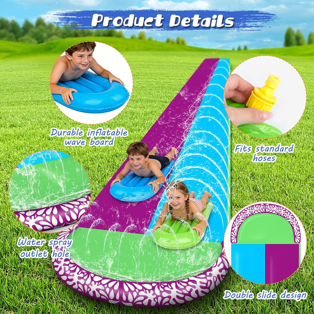 Wasserrutsche Garten für Kinder, 610x240cm Wasserrutschmatte mit 2 Bodyboards, Doppelrutsche mit Ein