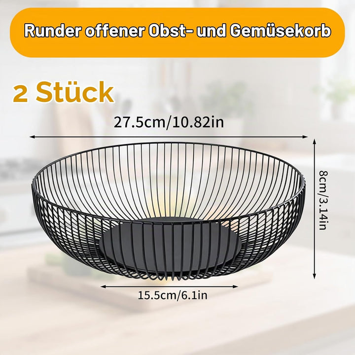2 Stück Obstschale Metall Schwarz 27.5x8 cm, Seicht Obstkorb aus Metall Abgerundetes Design Durchbro