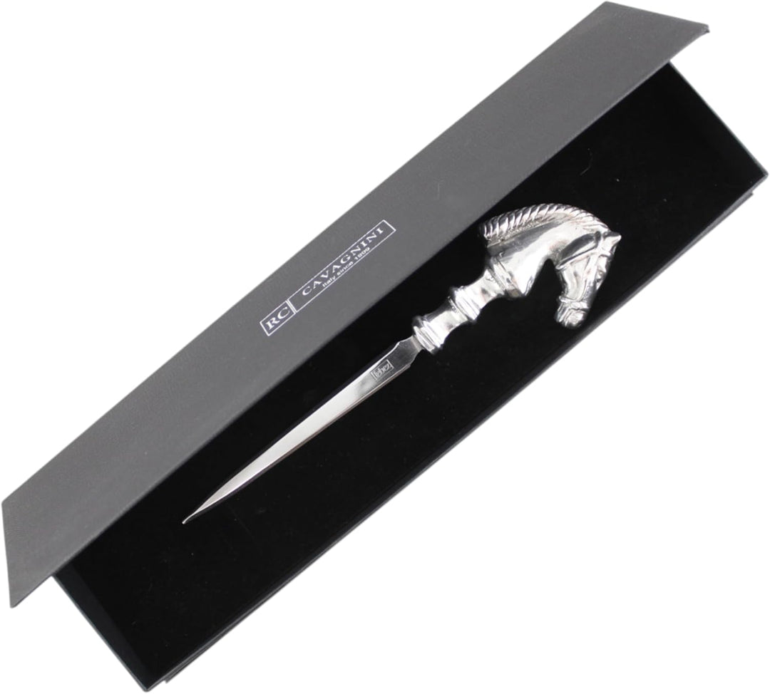 Cavagnini, Eleganter Brieföffner aus Edelstahl und Zinn, inklusive Geschenkbox (Pferd) Cavallo, Cava