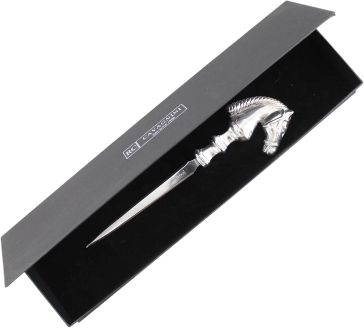 Cavagnini, Eleganter Brieföffner aus Edelstahl und Zinn, inklusive Geschenkbox (Pferd) Cavallo, Cava