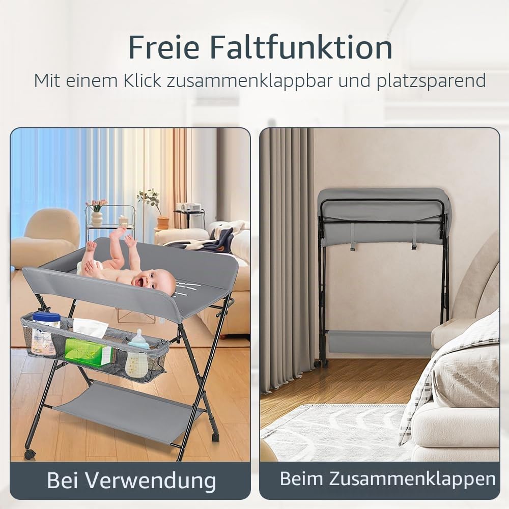Baby Klappbarer Wickeltisch，Mobiler Wickeltisch mit Rollen und Wickelauflage,Wasserdicht und Höhenve