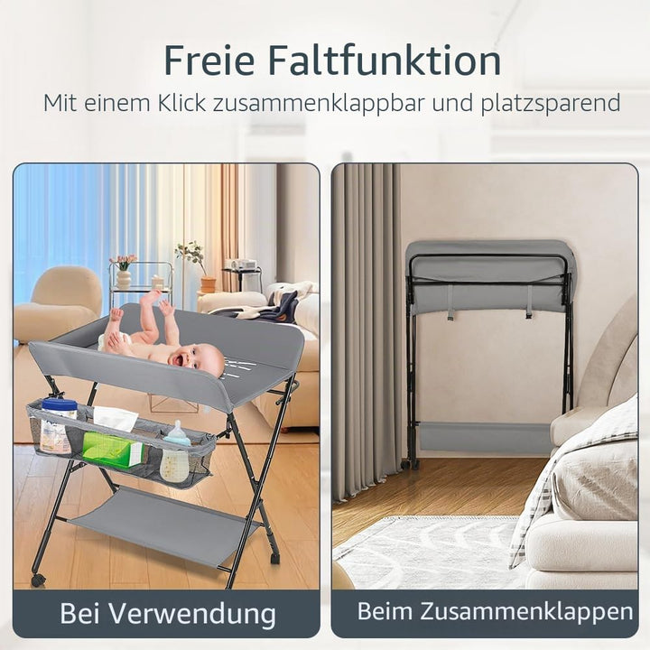 Baby Klappbarer Wickeltisch，Mobiler Wickeltisch mit Rollen und Wickelauflage,Wasserdicht und Höhenve
