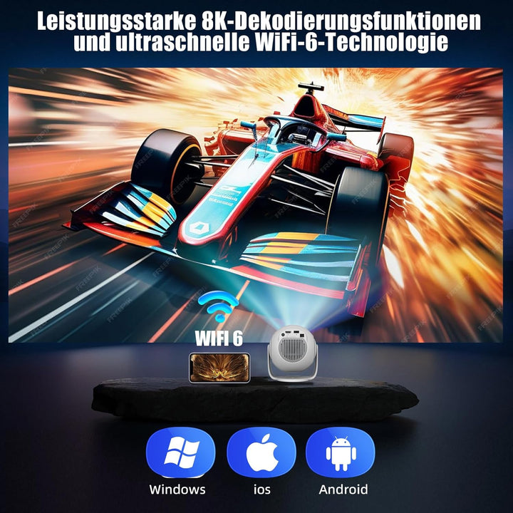 Mini Beamer Unterstützt 4K & 8K 1080P, Smart Beamer mit 5G WiFi 6 BT 5.4, Android 14-System, Tragbar