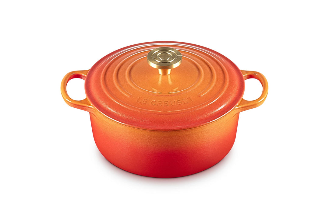 Le Creuset Signature Schmortopf, emailliertes Gusseisen, rund, 4,5 qt, Orange mit neuem Knauf Orange