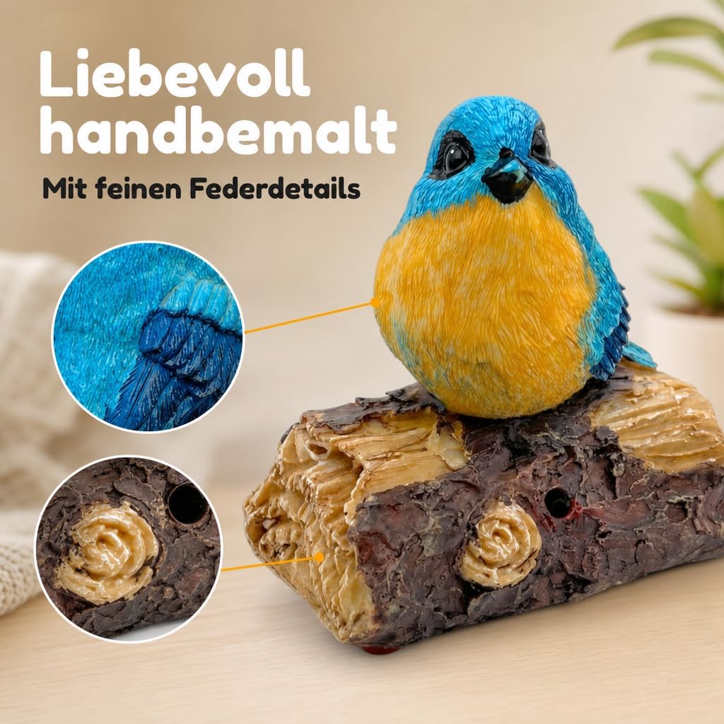 MIJOMA Dekovogel mit Vogelgezwitscher & Bewegungsmelder – Zwitschernder Vogel auf AST, Handbemalt, 1