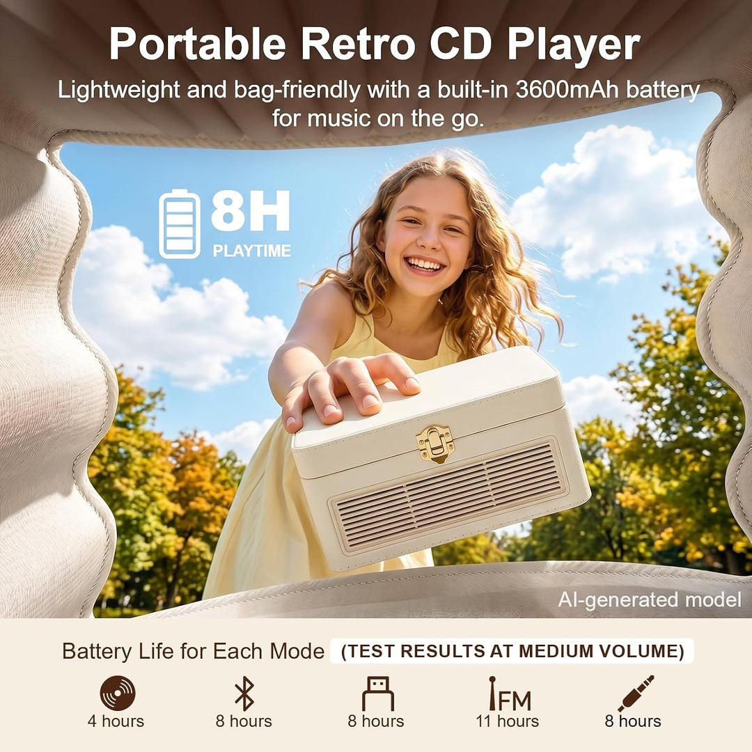 Gueray Tragbarer Bluetooth CD-Player mit Lautsprechern 3600mAh Wiederaufladbarer Vintage CD Spieler