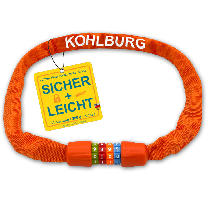 KOHLBURG Kinder Fahrradschloss Zahlenschloss 4 stellig [ohne Weichmacher, Stahlkette] - Kinderschlos
