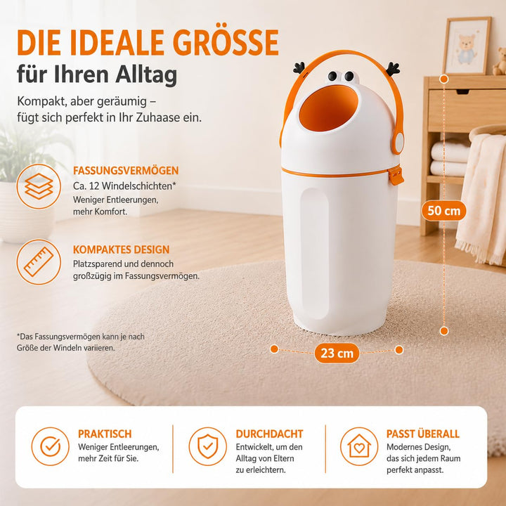 Windeleimer 15L mit Frosch-Design, Einhand-Bedienung durch Zugbügel, geruchsdicht durch Deckelmechan