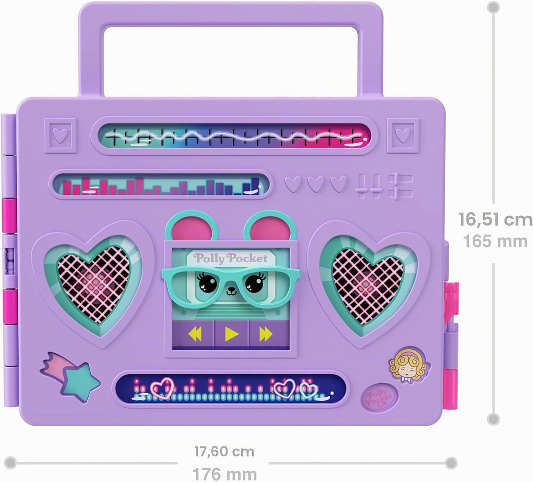 Polly Pocket-Puppe und Spielset, Diskoparty Fashion Reveal, Reisespielzeug zum Auspacken mit ca. 7 c