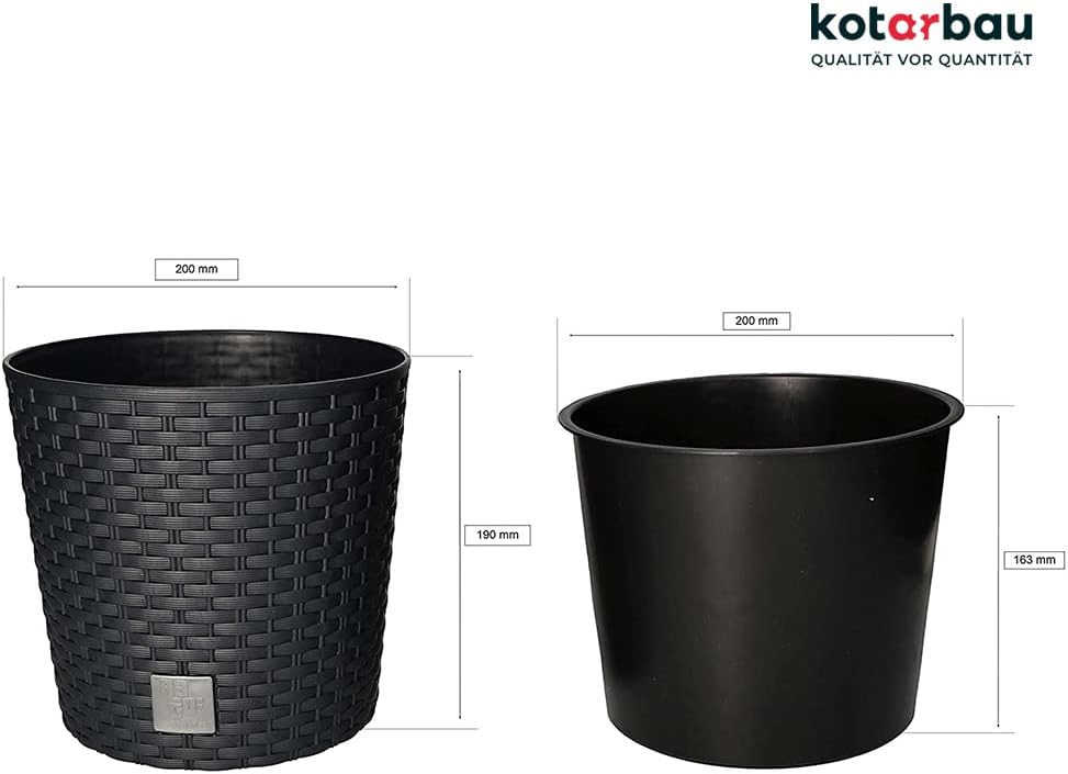 KOTARBAU® Blumentopf Ø 200x190mm Rattandesign Rund mit Innentopf Anthrazit, 200x190mm