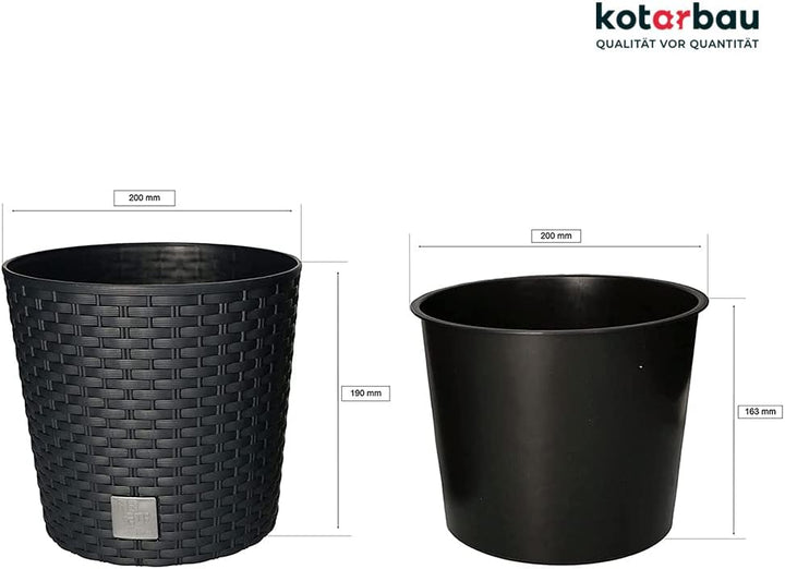 KOTARBAU® Blumentopf Ø 200x190mm Rattandesign Rund mit Innentopf Anthrazit, 200x190mm