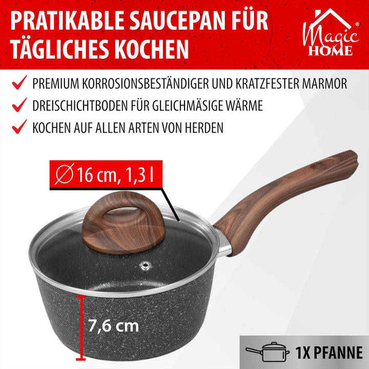 MAGIC HOME Stielkasserolle 16 cm INDUKTION | Marmor Antihaft Kasserolle mit Deckel | Kleiner Topf |