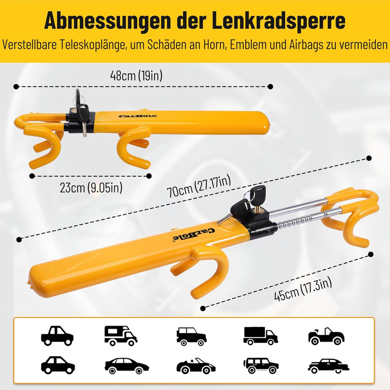 CarBole Lenkradkralle für Auto,Lenkradschloss mit 2 Schlüsseln,Anti-Diebstahl Fahrzeug Sicherheitsvo