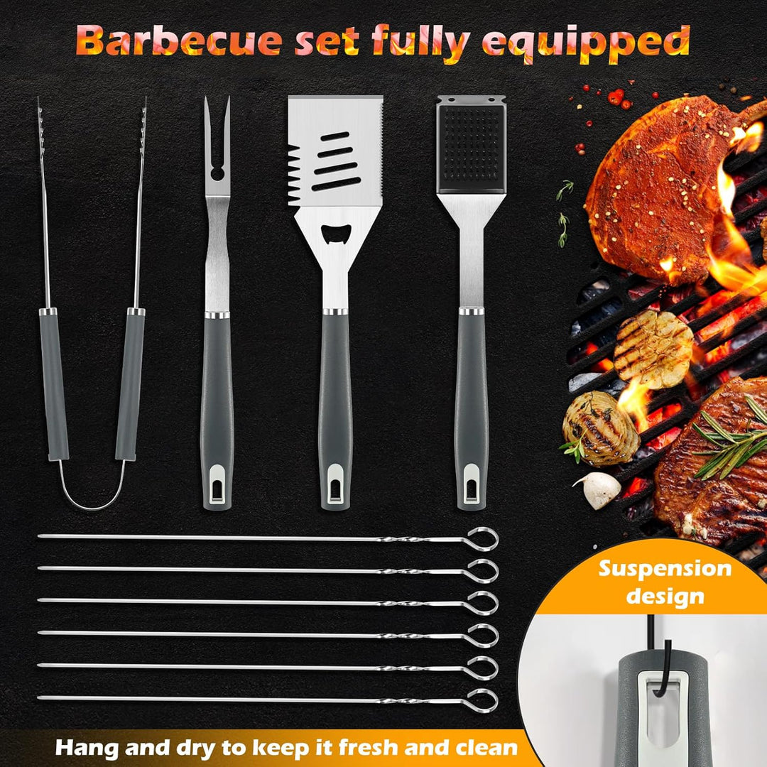 Premium Grillzubehör Set 10-teilig Edelstahl Rostfrei - Grillwerkzeug Set mit Spatel, Grillzange, Fl