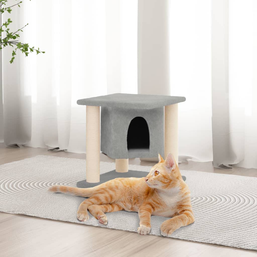 Kratzbaum mit Sisal-Kratzsäulen Hellgrau 37 cm für Katzen, Kletterbaum mit Höhle, Liegefläche und Hä