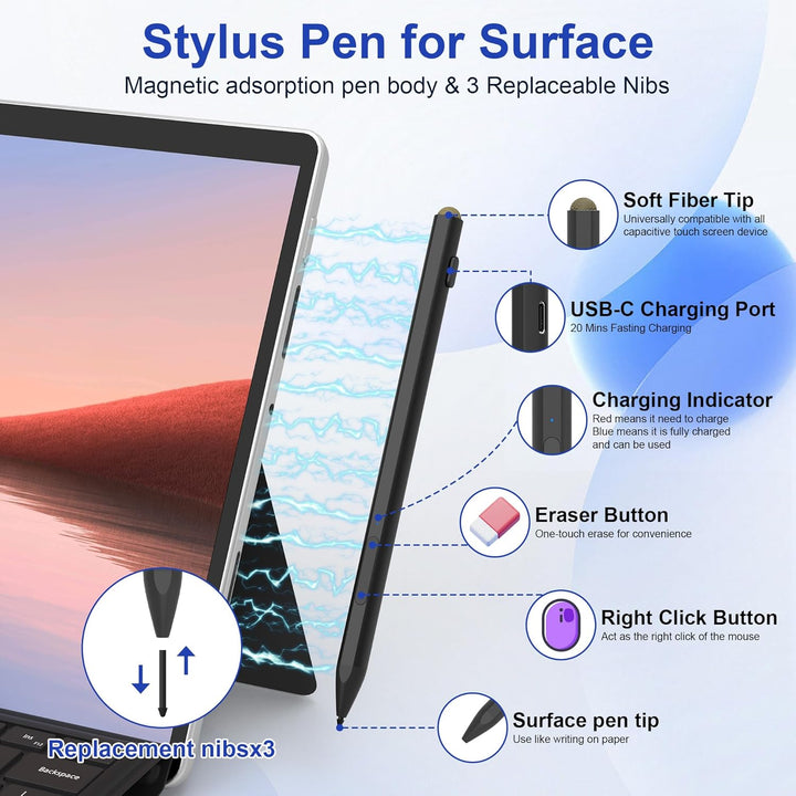 Surface Pen Stylus Stift für Microsoft Surface Pro 11/9/8/7/6/5/4/3, Surface Go 4/3/2 Surface Laptop