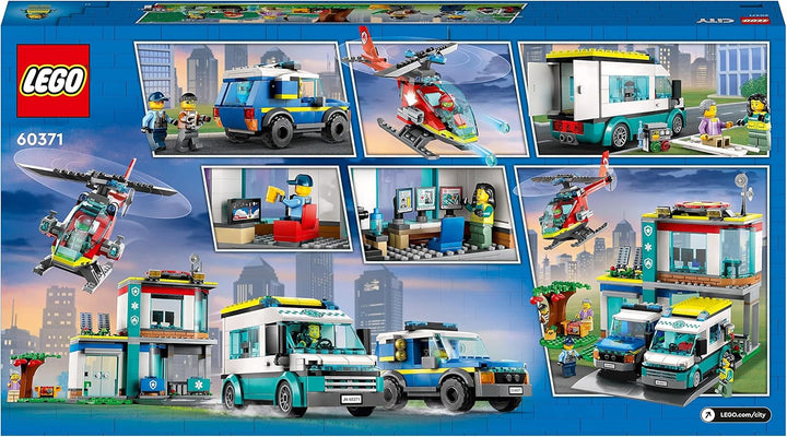 LEGO 60371 City Hauptquartier der Rettungsfahrzeuge mit Feuerwehr-Hubschrauber, Krankenwagen, Motorr
