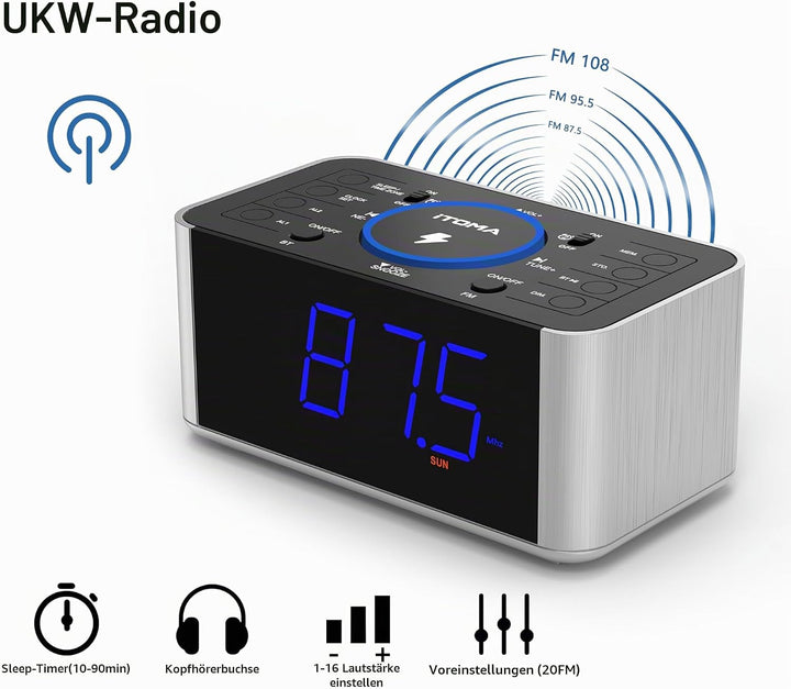 iTOMA Radiowecker Kabelloses Laden, Snooze, Digitales UKW-Radio mit Bluetooth Dual Alarm, Dimmer LED