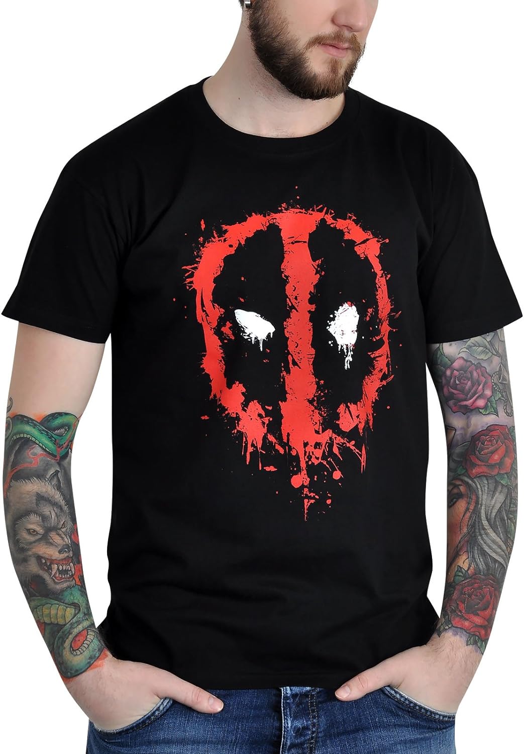 Elbenwald Marvel T-Shirt Deadpool Splatter Symbol Brustprint für Herren schwarz - XL