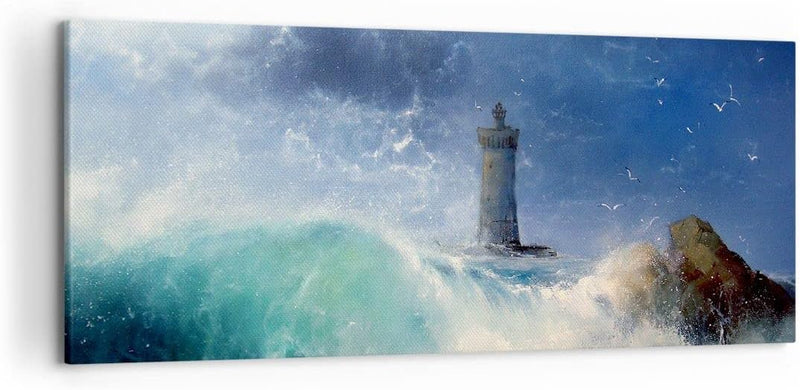 Wandbilder Dekoration Wohnzimmer Leuchtturm Meer Panorama Bilder auf Leinwand 120x50cm Leinwandbild