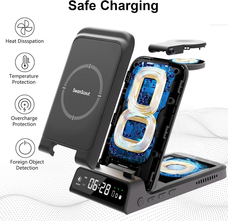 SwanScout Induktive Ladestation für Apple, 4 in 1 Faltbares Wireless Charger für i Phone 15/14/13/12