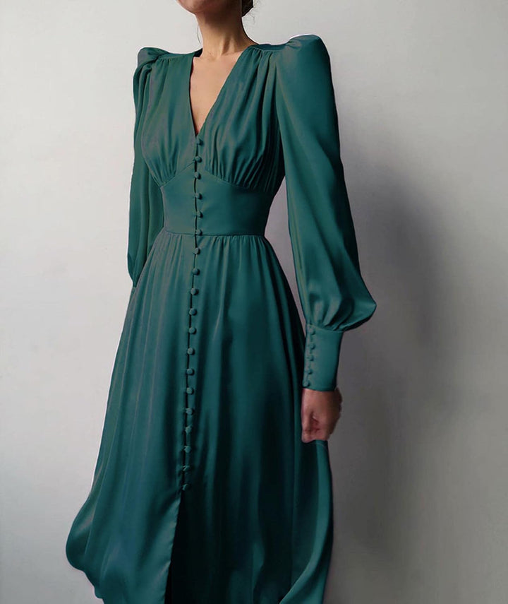 xxxiticat Damen Langarm Satin Maxikleid Lange Laternenärmel Knopfleiste Rüschen Einreihig Vintage Pu