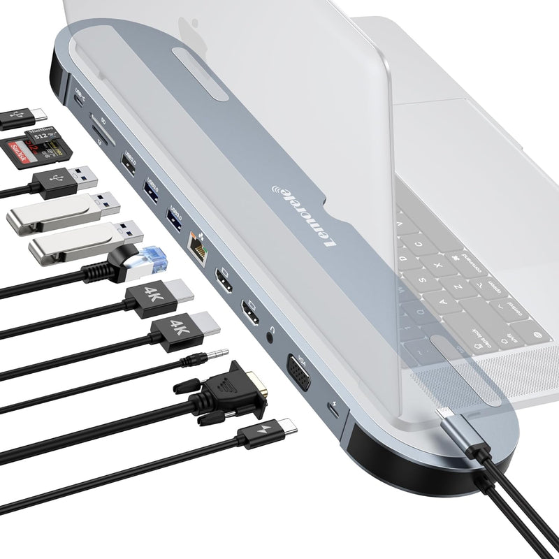 USB C Docking Station Triple Display mit Laptop-Ständerfunktion,Lemorele 12 in 1 USB C Hub Adapter m