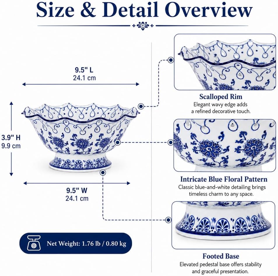 Chinoiserie Obstschale, Keramik, dekorativ, Blau und Weiss 9.4 Inch, 9.4 Inch