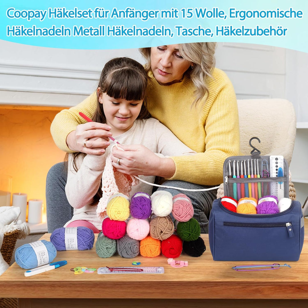Coopay Tragbar Häkelset für Anfänger, Häkelnadel Set mit 15 Wolle, Tasche, Häkelzubehör, Ergonomisch
