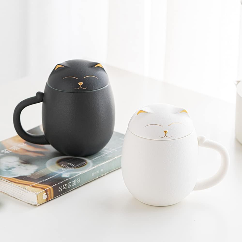 Katzenbecher mit Teesieb und Deckel, Niedliche Teetassen Kawaii-Tasse aus Keramik zum Ziehen, Handge