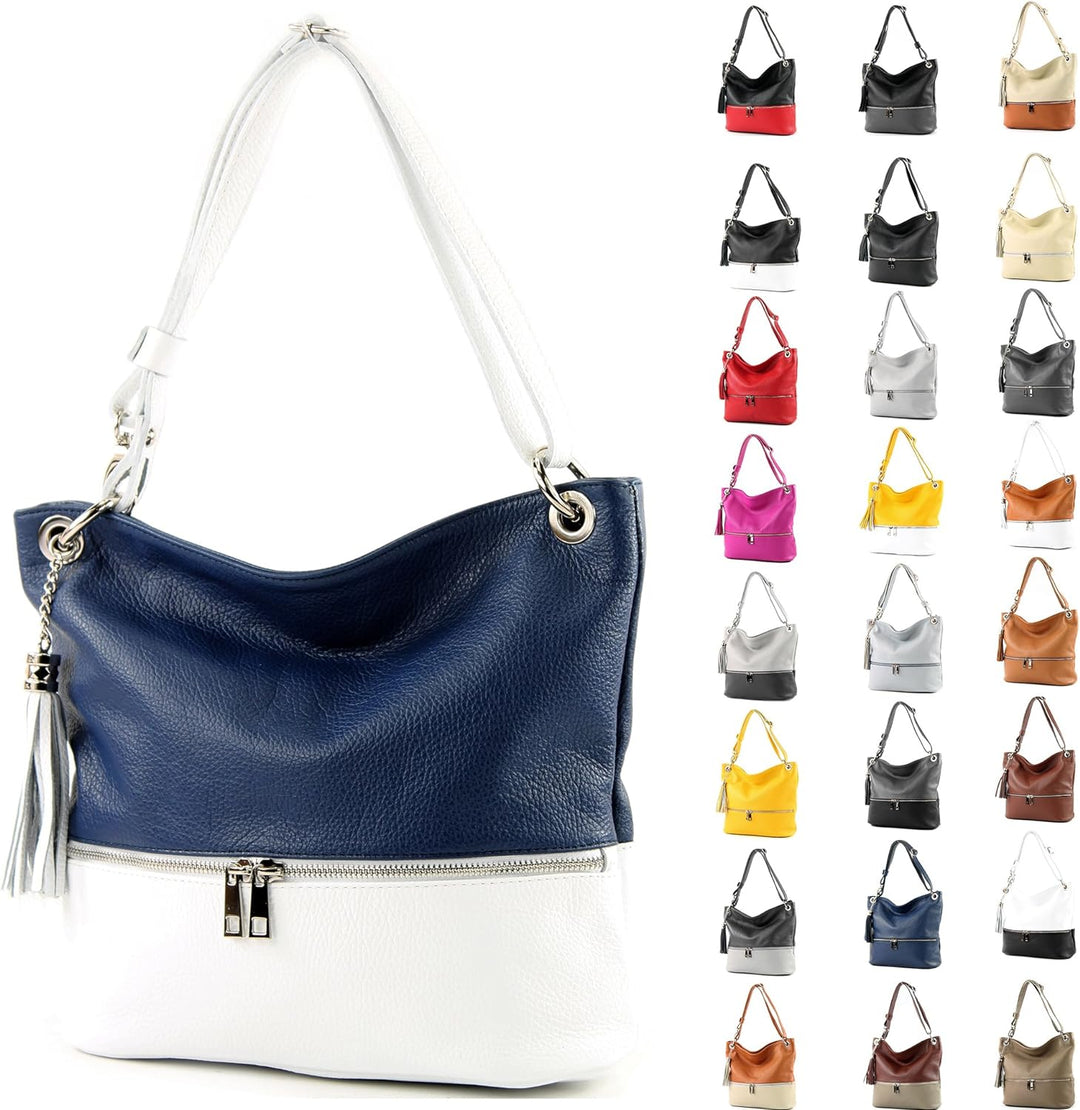 modamoda de - T143 - ital. Leder Schultertasche Umhängetasche Schwarz2021, Schwarz2021