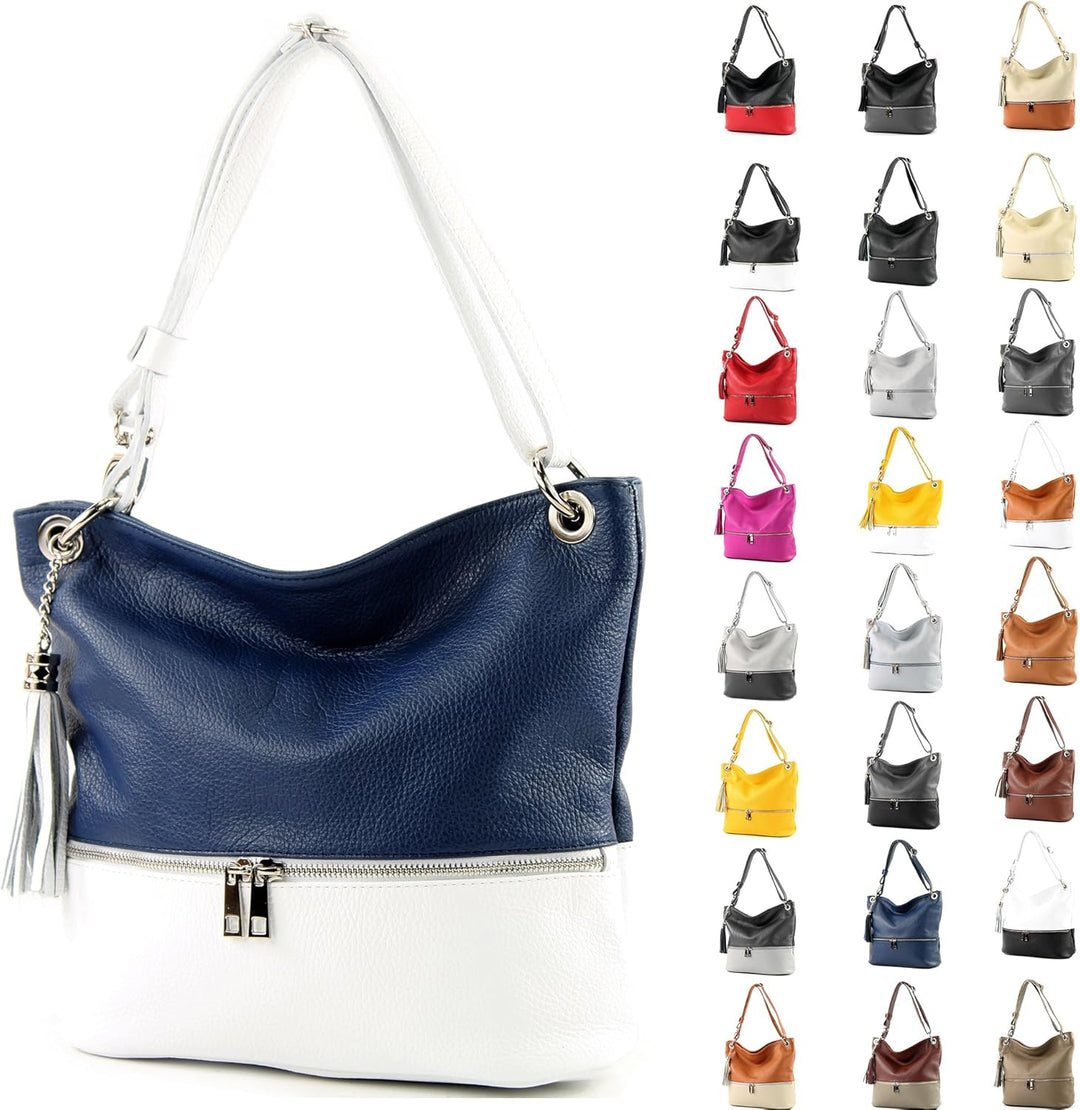 modamoda de - T143 - ital. Leder Schultertasche Umhängetasche Weiss/Dunkelblau2021, Weiss/Dunkelblau