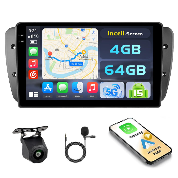 Hikity Android 15 4+64G Autoradio für Seat Ibiza 6J 2009-2014 mit 9 Zoll Incell Touchscreen, Autorad