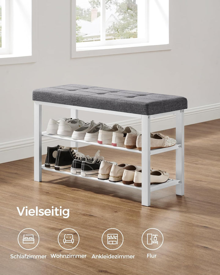 SONGMICS Schuhbank, Schuhregal mit 3 Ebenen, Schuhaufbewahrung, Sitz mit Schaumstoffpolsterung, Lein
