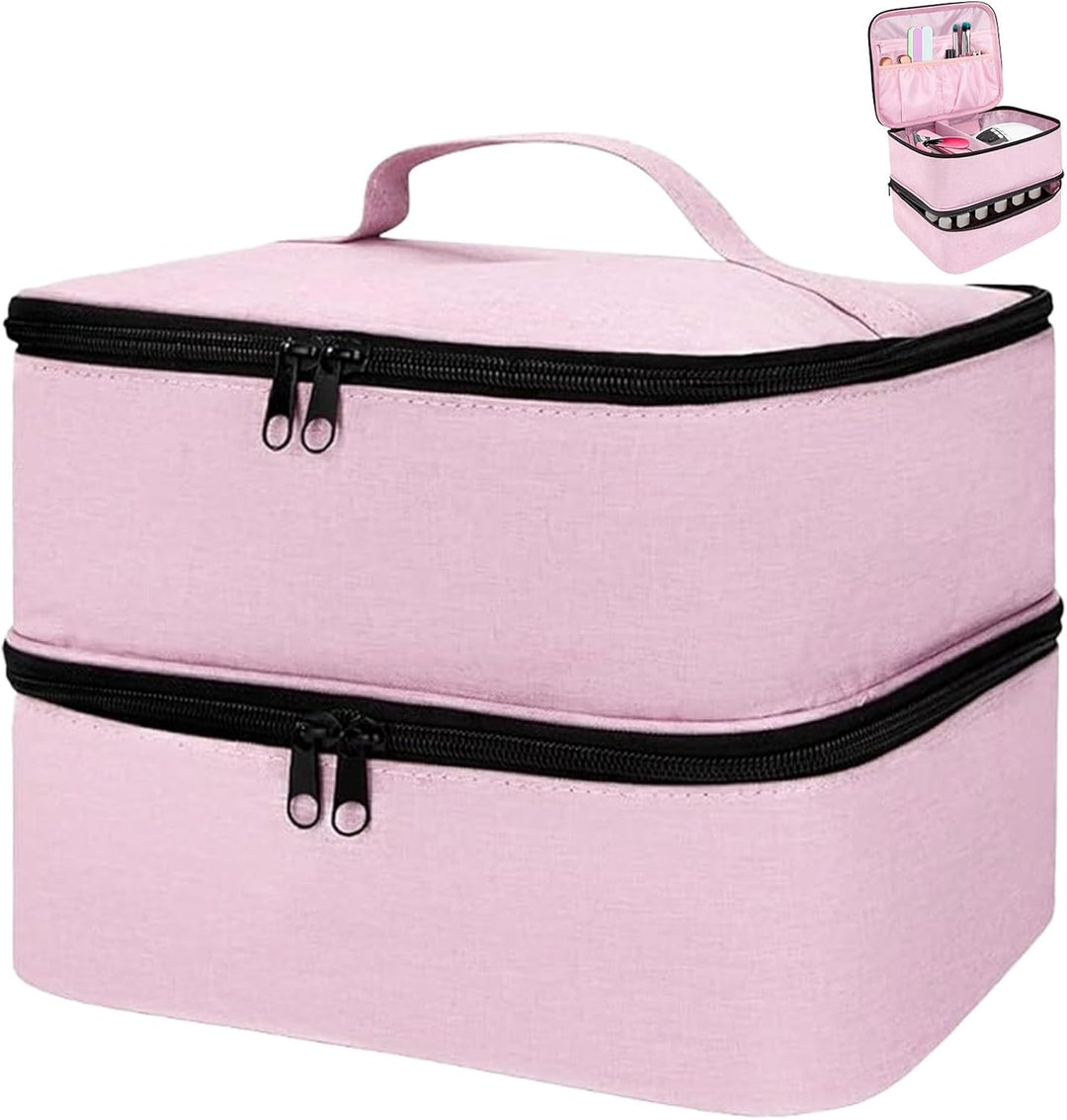 ADERTOS Nagellack Aufbewahrung Tasche Doppelschicht Rosa Nylon Kosmetiktasche Make Up Organizer für