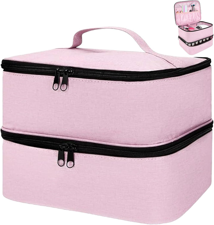 ADERTOS Nagellack Aufbewahrung Tasche Doppelschicht Rosa Nylon Kosmetiktasche Make Up Organizer für