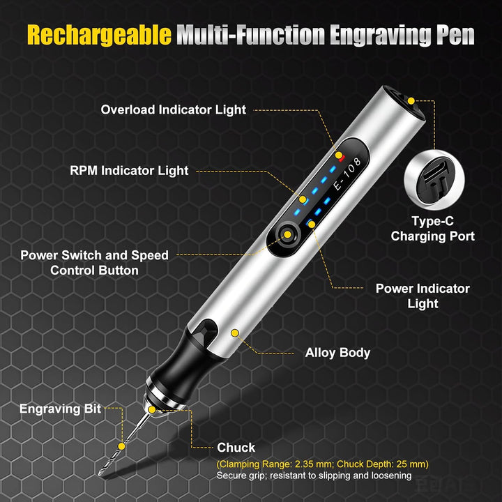 Multifunktionswerkzeug Akku Gravierstift Kabellos Gravur Werkzeug Kit mit 37 Bits, Gravierer 3-Gang-