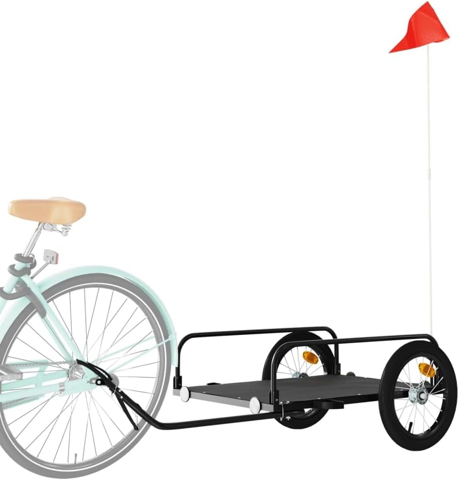 Mangloder Fahrradanhänger Schwarz 135x70x Eisen mit, Deichsel, Sicherheitsflagge, faltbar, ideal für