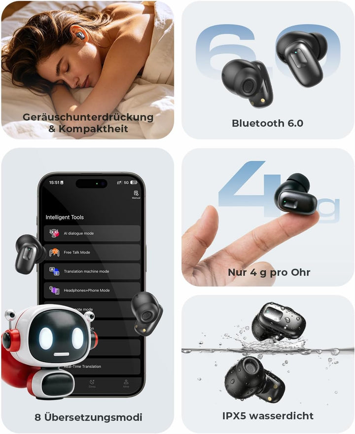 [2026 Neu] KI Übersetzungskopfhörer mit Bluetooth 6.0, 164 Sprachen Echtzeit Übersetzer Ohrhörer mit