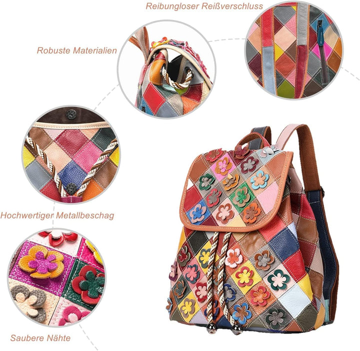 Eysee Rucksack Damen klein elegant aus echtem Leder mit Blumen für Alltag Mehrfarbig 1, Mehrfarbig 1