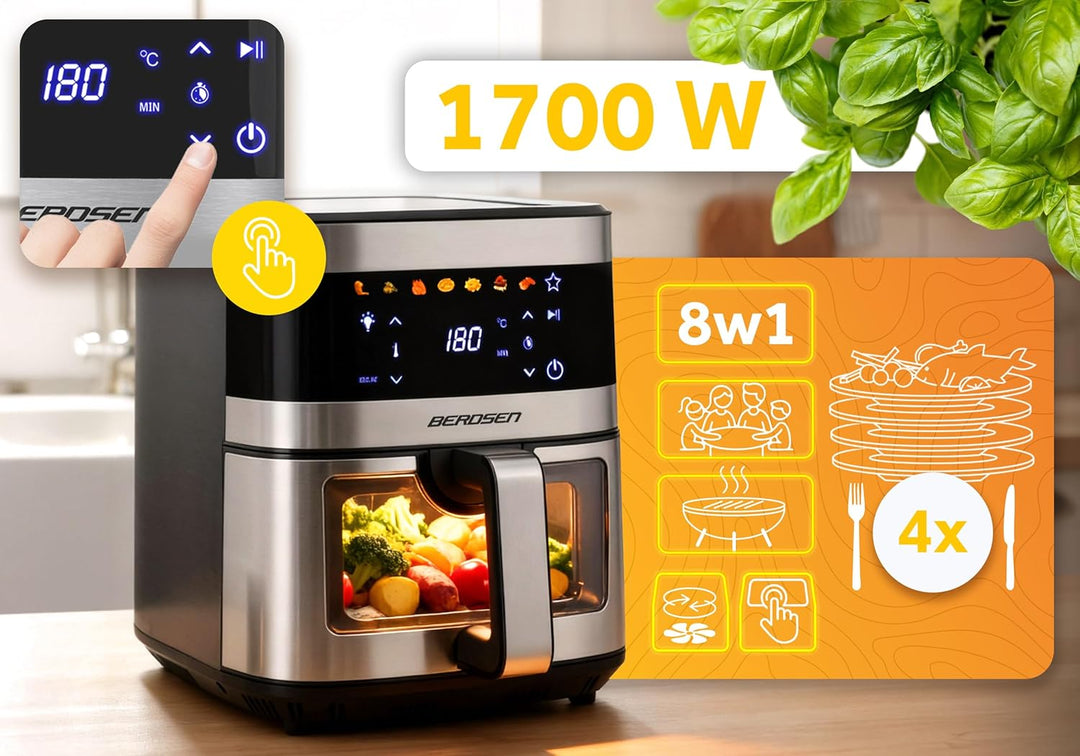 Berdsen Heissluftfritteuse XXL 9,1L - Airfryer mit Sichtfenster und Touchscreen - 1700W - 7 Programm
