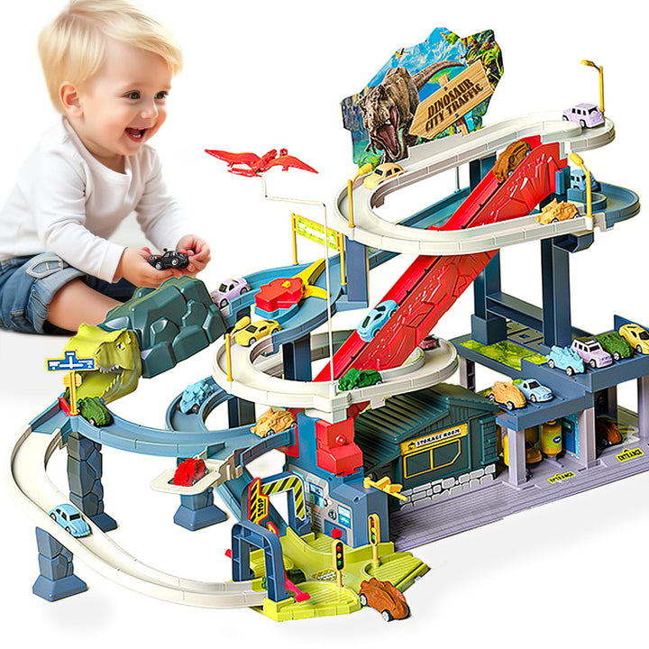 Dinosaurier Spielzeug Rennstrecken Spielset mit 7 Ebenen 8 Autos, Autorennbahn Parkhaus Garage City