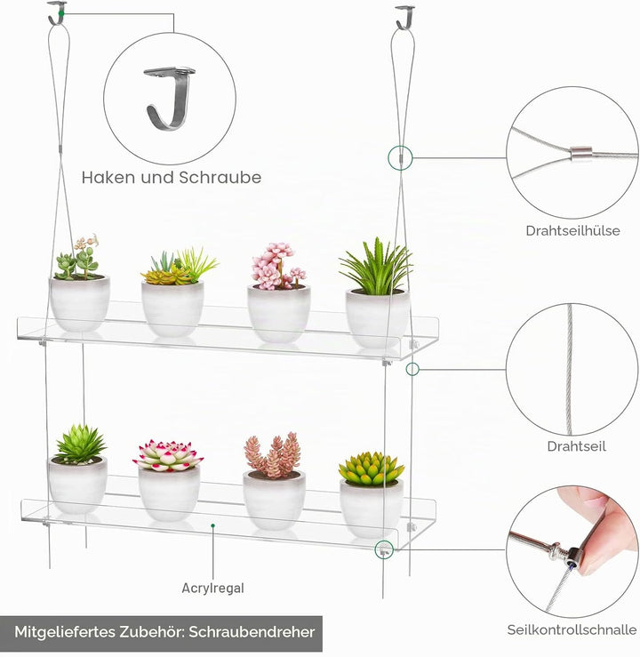 2-stöckiges transparentes Hängeregal, 40,6 cm, für Innenfenster, Pflanzenständer, Blumentopf-Organiz